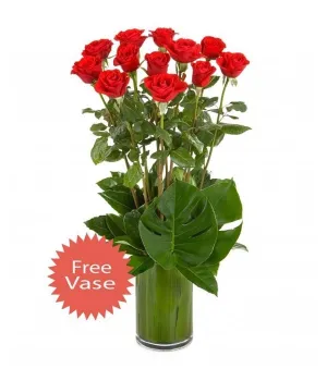 12 Long Stem Red Roses in a Glass Vase