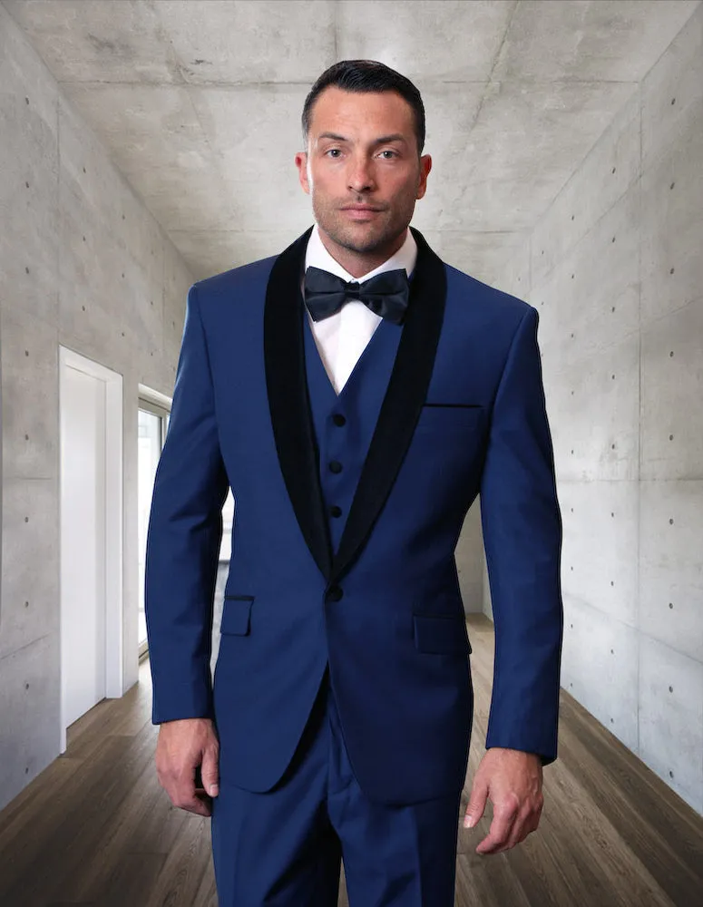 3 Pc Flat Front Pants, Velvet Lapel With Matching Bow Tie| ENCORE-V| Sapphire