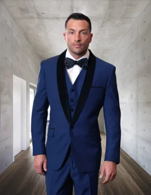 3 Pc Flat Front Pants, Velvet Lapel With Matching Bow Tie| ENCORE-V| Sapphire