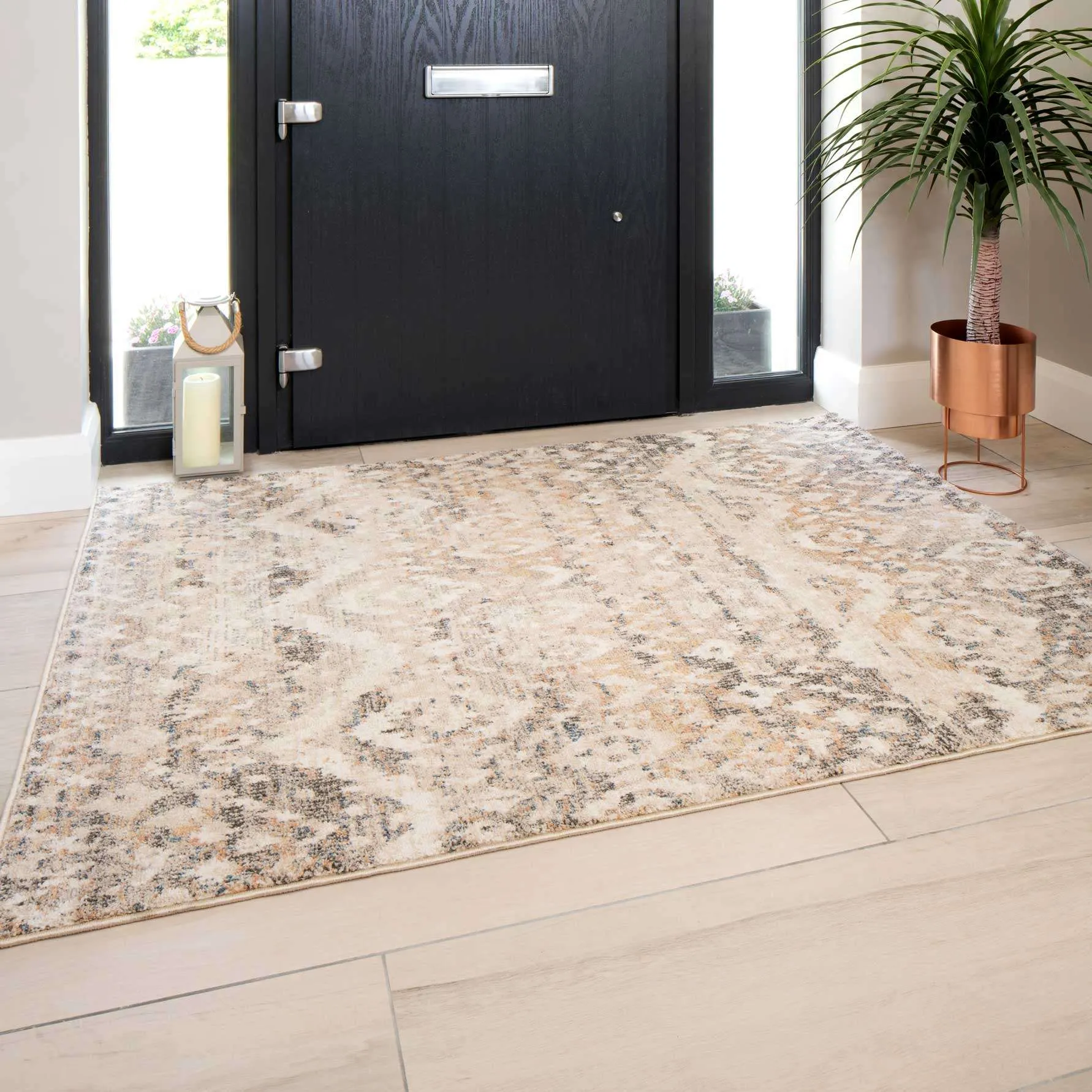 Distressed Grey Gold Diamond Hall Runner Rug