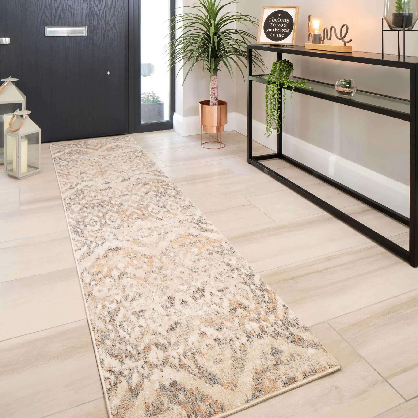 Distressed Grey Gold Diamond Hall Runner Rug