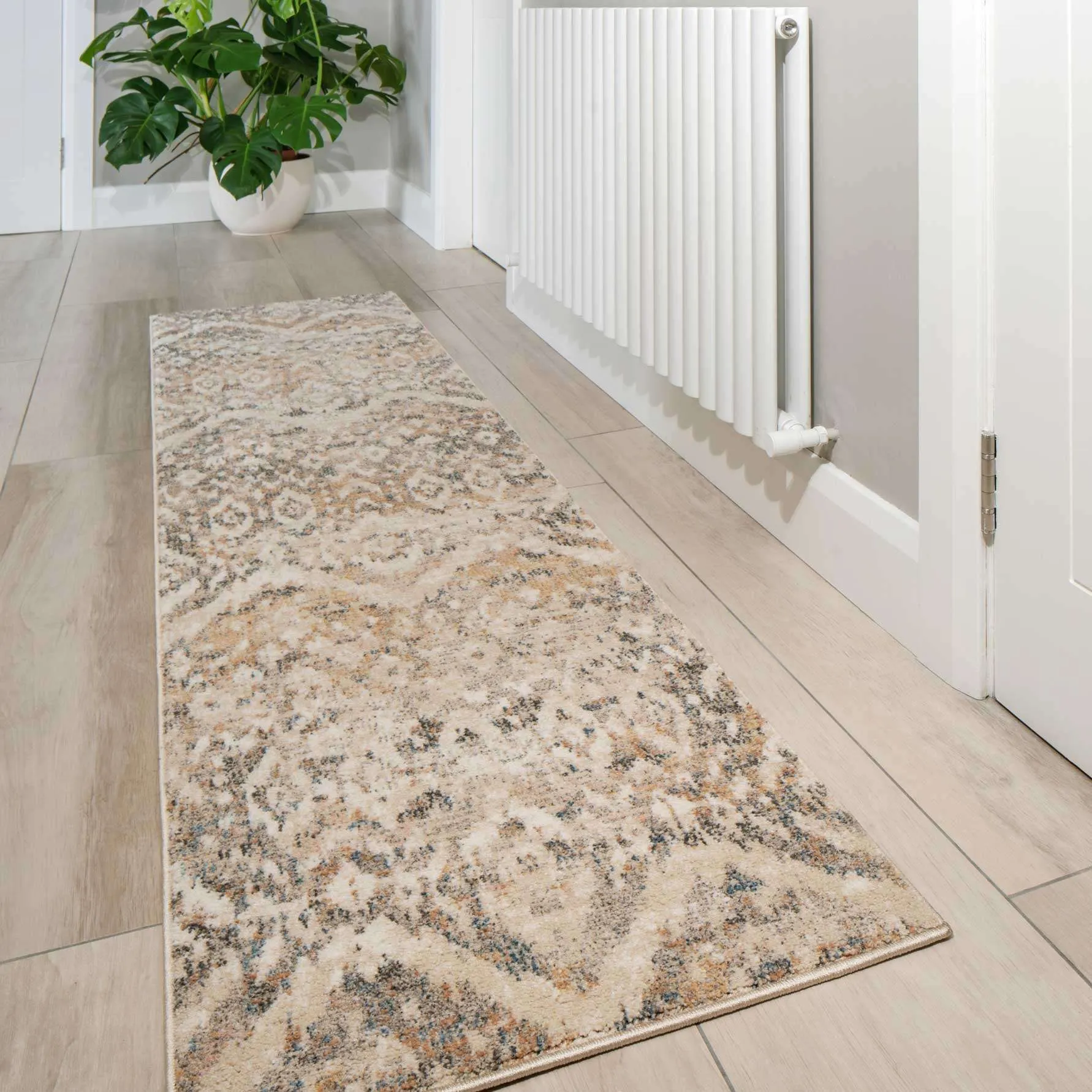 Distressed Grey Gold Diamond Hall Runner Rug