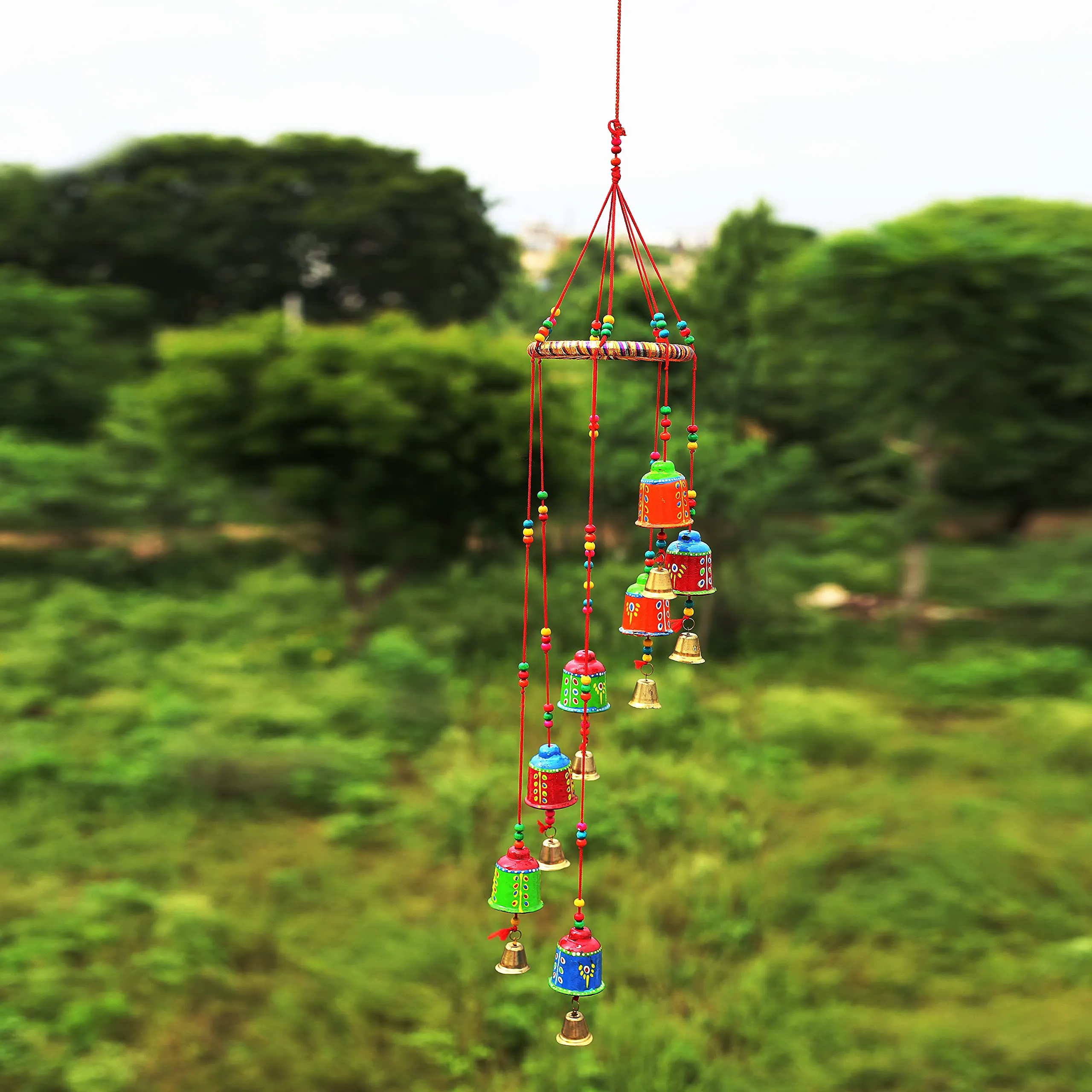 DreamKraft Handcrafted Bells Design Wood Windchime (91 CM, Multicolor)