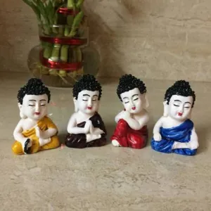 Luvcraft Colorful 4 Monks Buddha Figurines - for Home Decor| Office Decor| Christmas Decor| Diwali Decor| Vaastu Decor| Fengshui Decorative Showpiece - 6 cm  (Polyresin, Multicolor)