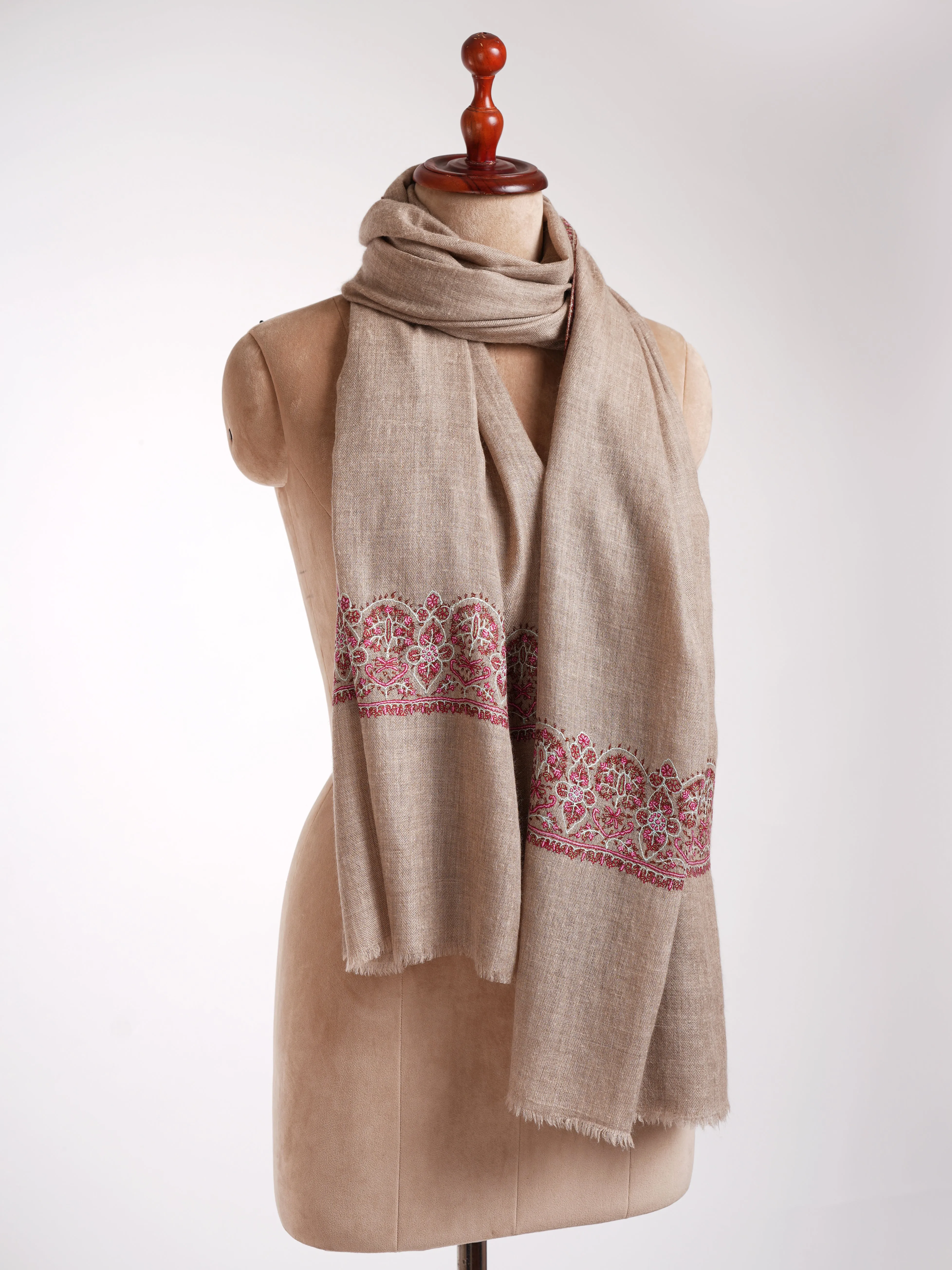 Natural Grey Sozni Embroidered Cashmere Stole