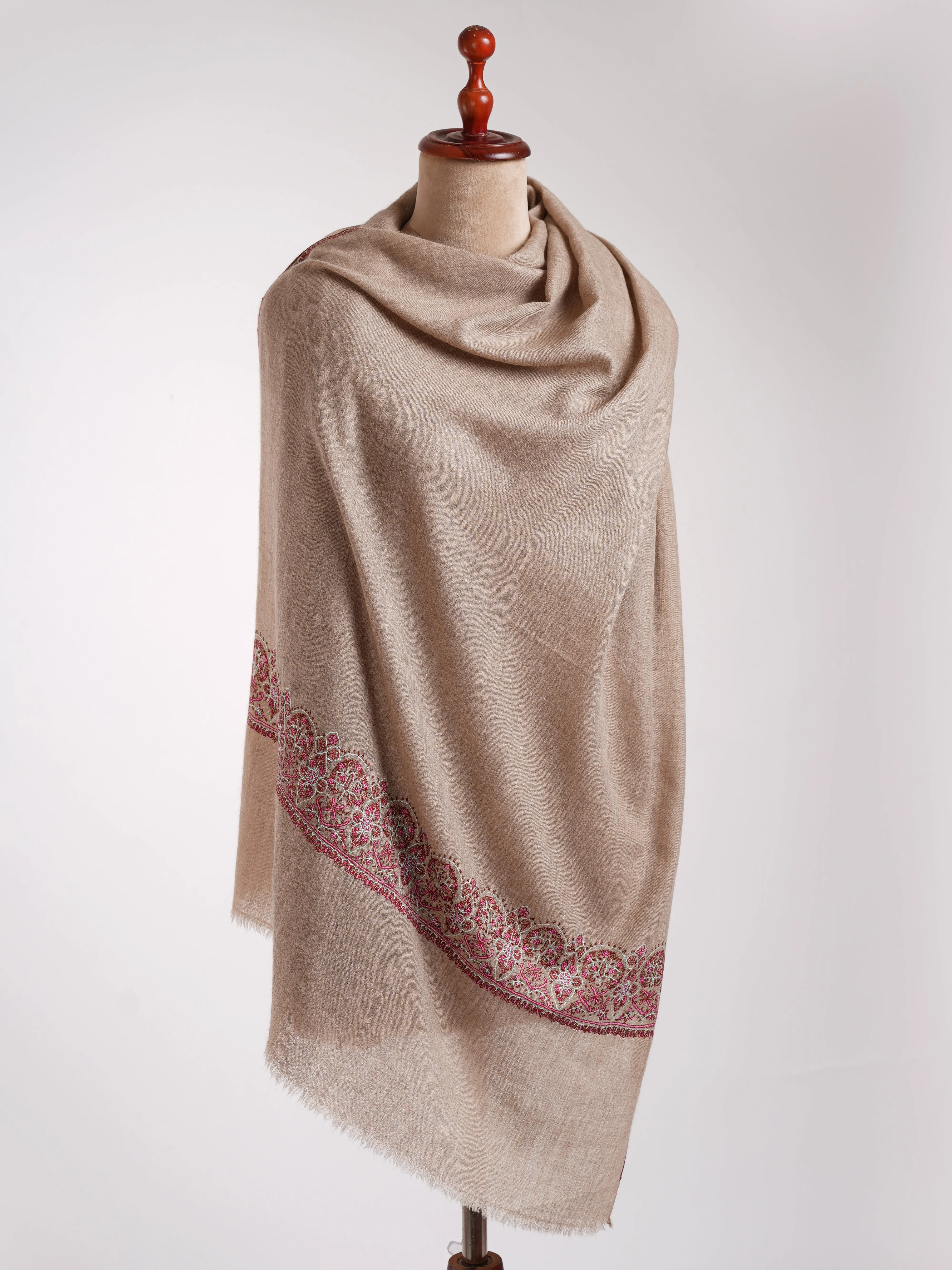 Natural Grey Sozni Embroidered Cashmere Stole
