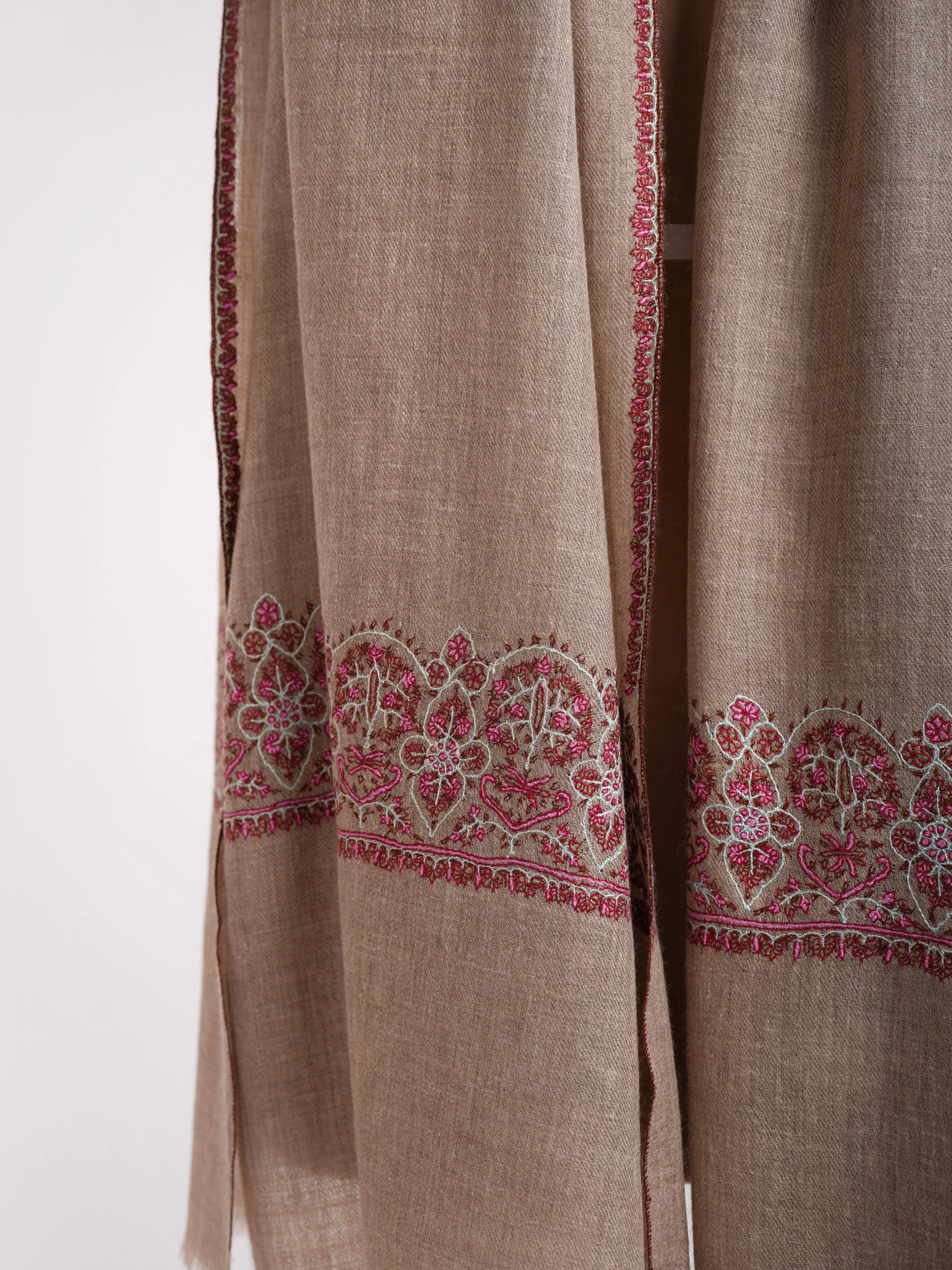 Natural Grey Sozni Embroidered Cashmere Stole