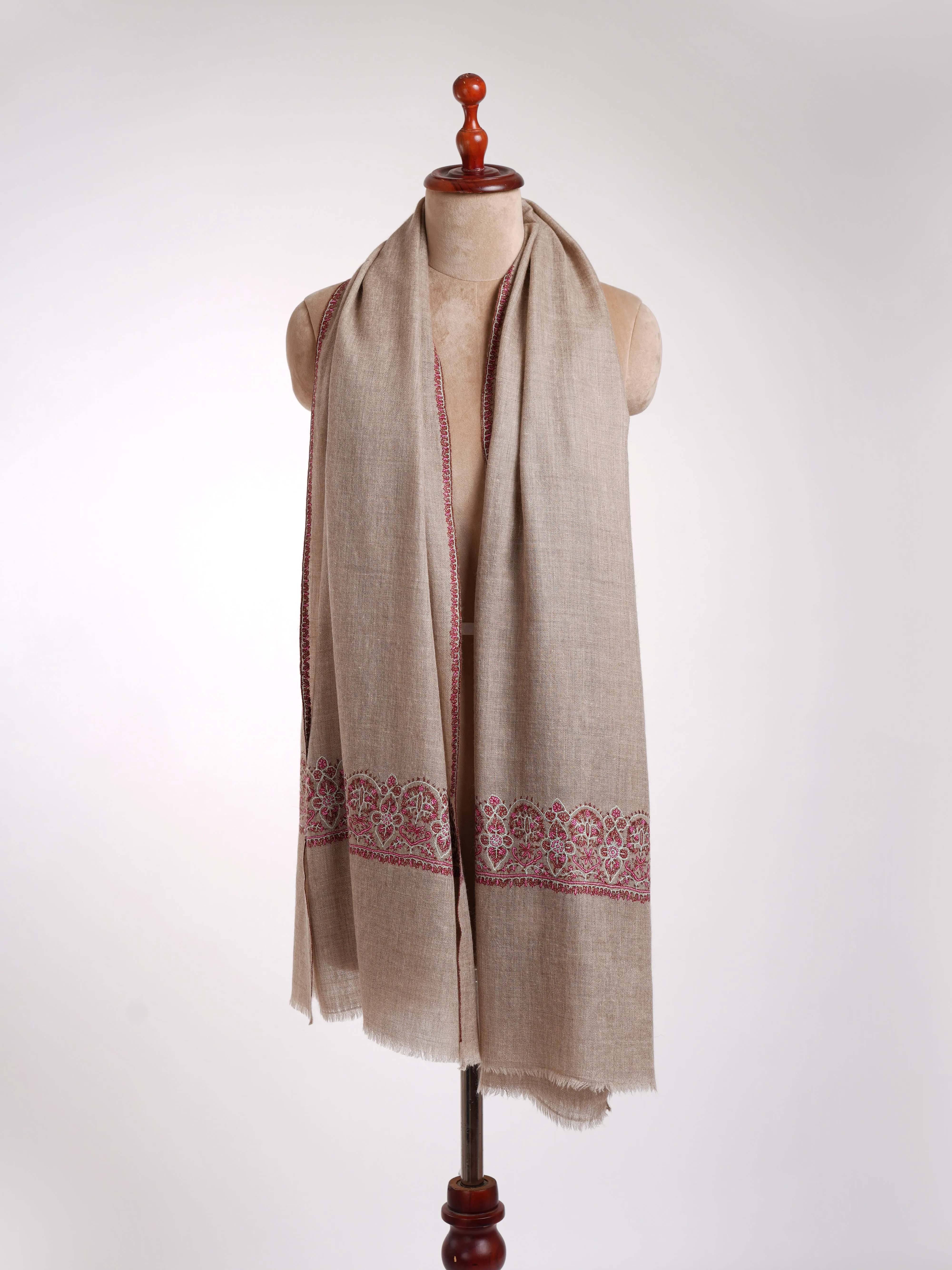 Natural Grey Sozni Embroidered Cashmere Stole