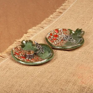 Pair of Glazed Green and Red Ceramic Pomegranate Catchalls - Omens from the Forest | NOVICA