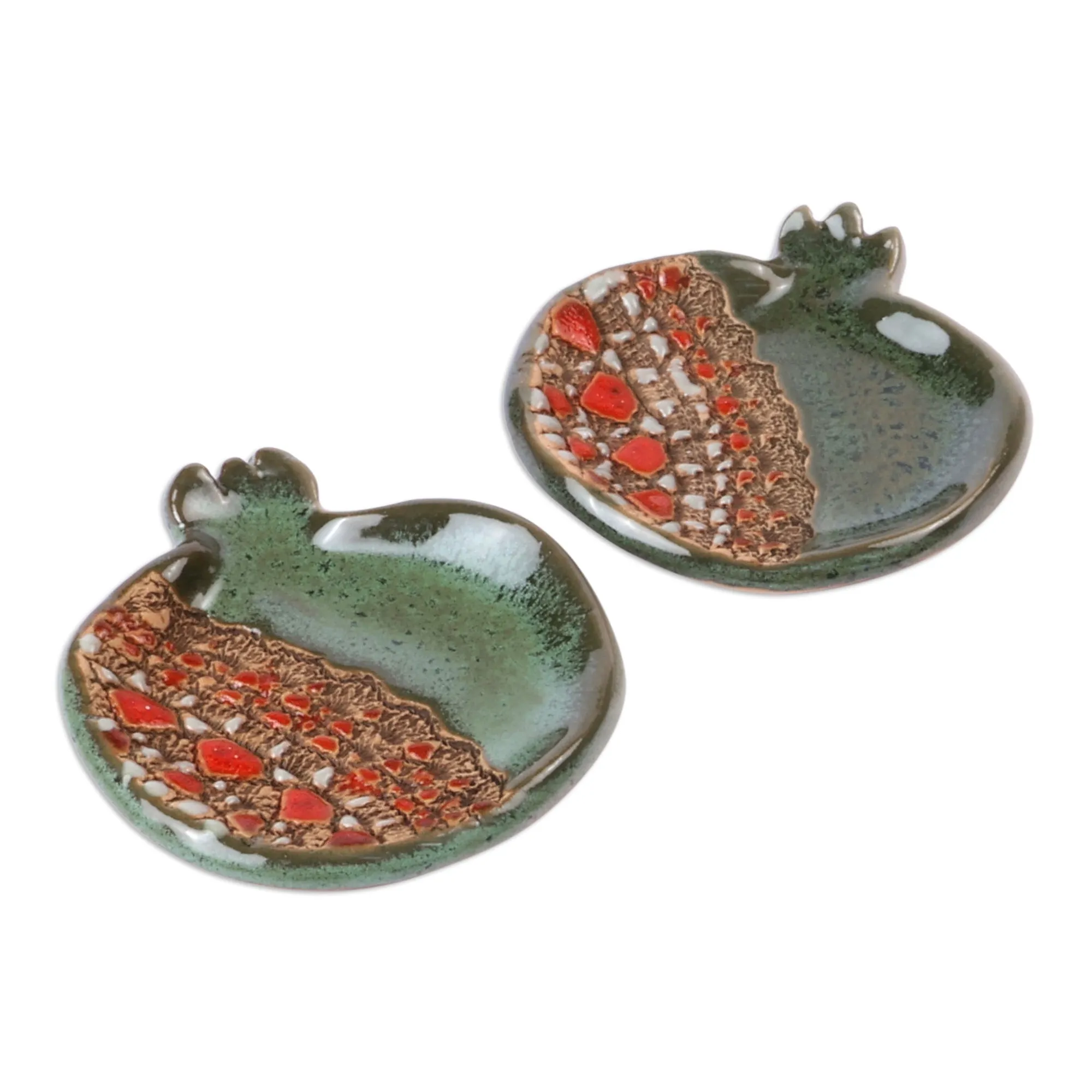 Pair of Glazed Green and Red Ceramic Pomegranate Catchalls - Omens from the Forest | NOVICA