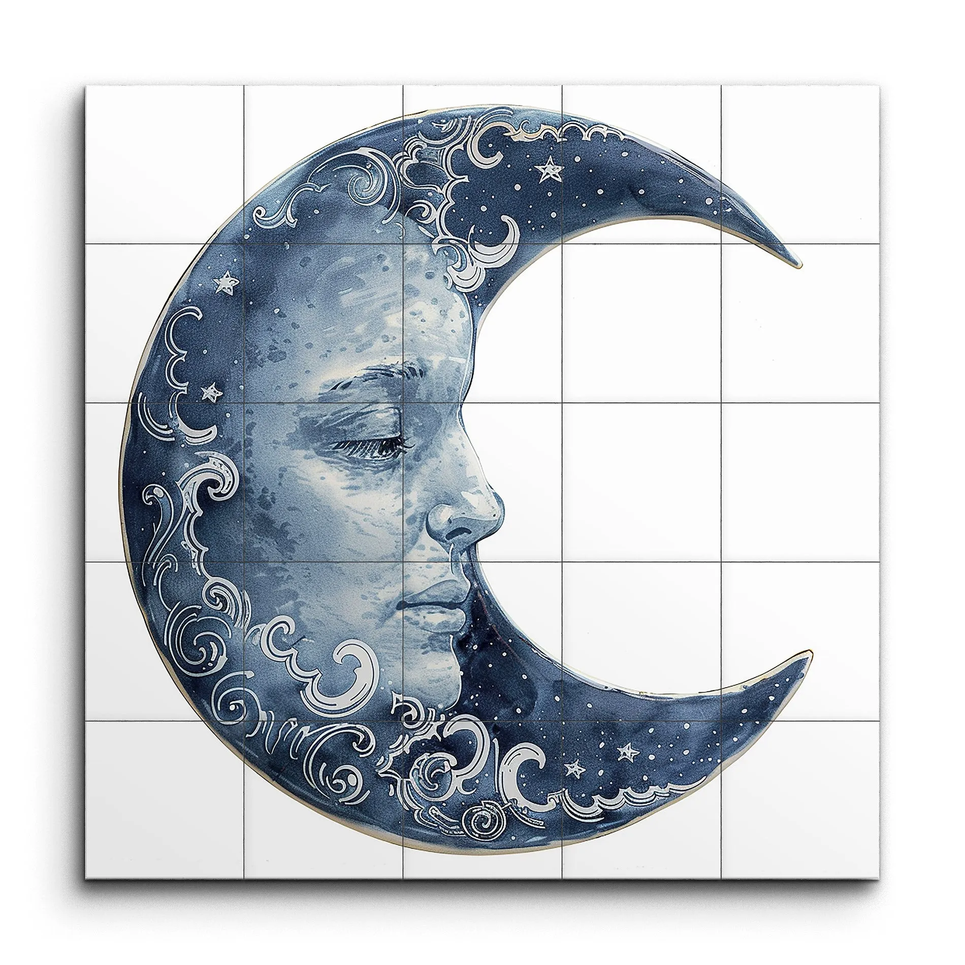 Serene Crescent Moon with Swirling Stars Artwork