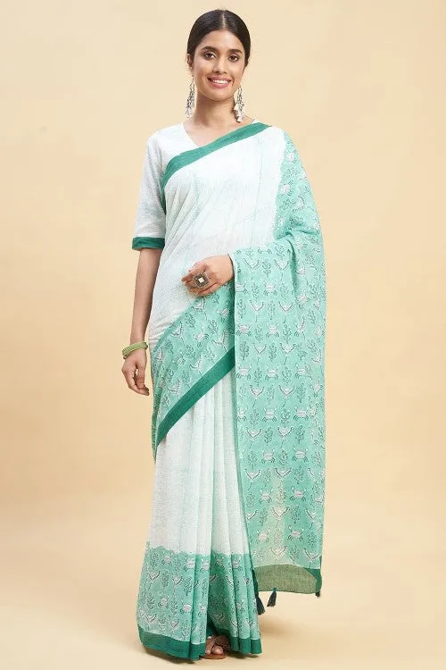 Sooti Syahi "Fiddler Green Crab'' Block Printed Cotton Saree