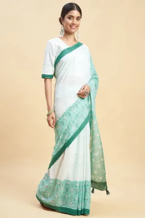 Sooti Syahi "Fiddler Green Crab'' Block Printed Cotton Saree