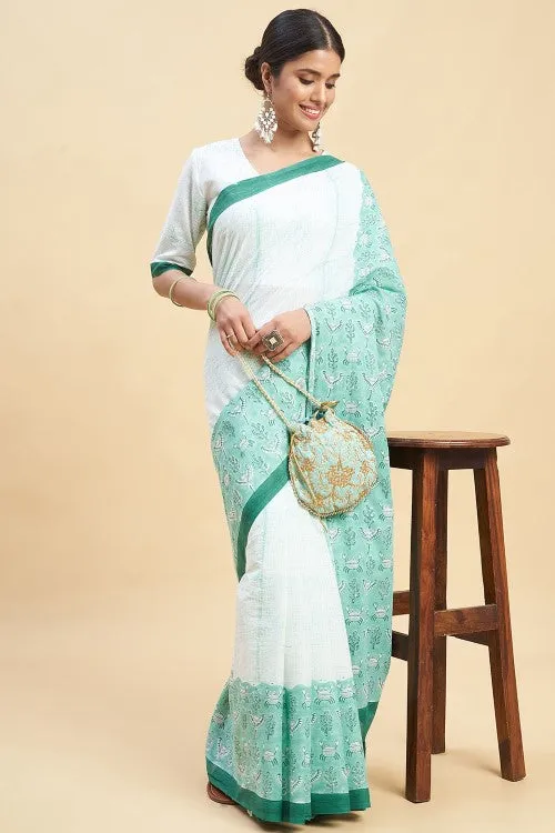 Sooti Syahi "Fiddler Green Crab'' Block Printed Cotton Saree