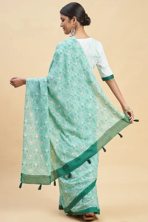 Sooti Syahi "Fiddler Green Crab'' Block Printed Cotton Saree