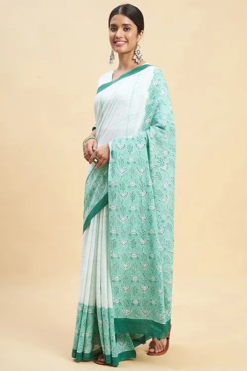 Sooti Syahi "Fiddler Green Crab'' Block Printed Cotton Saree